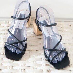 Dolce Vita Black Leather Strappy Sandals | Wood Heel Minimalist Dress Shoes